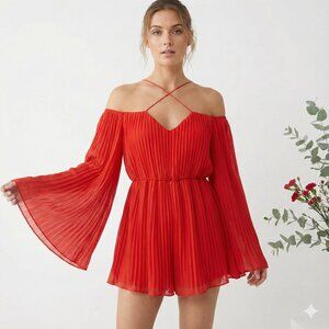 Rare London Red Pleated Off-Shoulder Romper with Bell Sleeves
